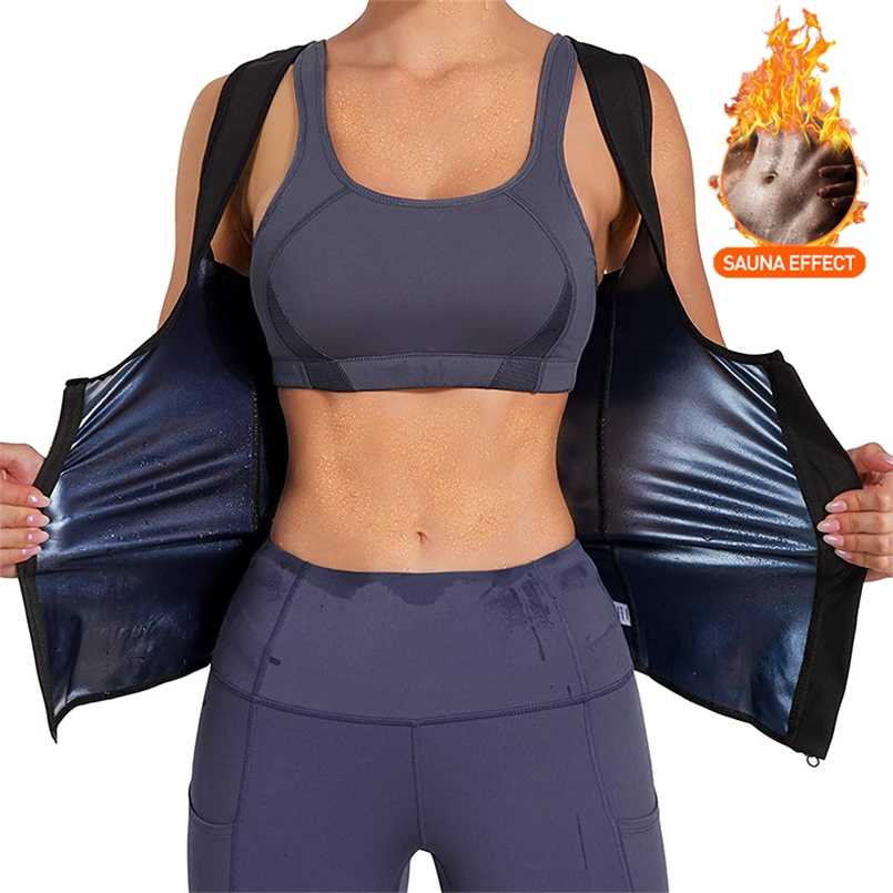 

Women Sauna Shaper Vest Thermo Sweat Shapewear Tank Top Slimming Waist Trainer Corset Gym Fitness Workout Zipper Shirt 211029, Blue without zipper