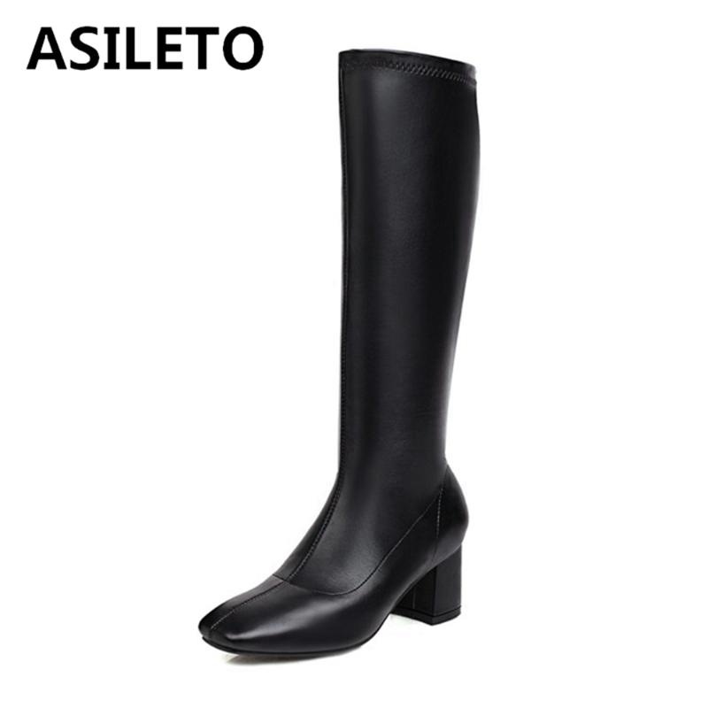 

Boots ASILETO 2021 Fashion Ladies Knee High Stretch Sexy Zip Square Toe 5CM 7CM Block Heel Size 31-48 Black Yellow Beige A4440