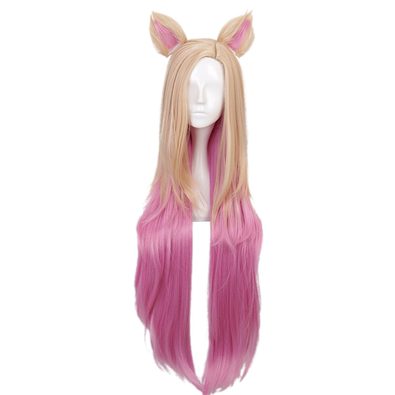 

Game KDA Baddest Ahri Cosplay Wigs LOL KDA Cosplay Blonde Mixed Pink Wigs with Ears Heat Resistant Synthetic Hair Wig