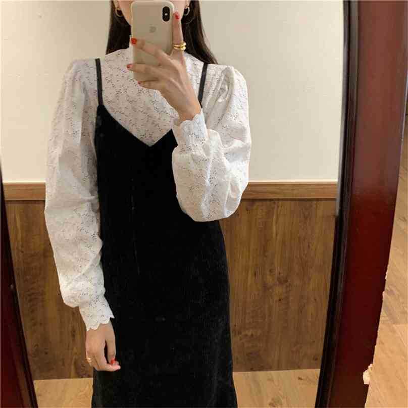 

Women French Retro O-Neck Solid Two Pieace Suit Sets Long Gentle Elegant Chic Female Shirt Corduroy Dresses 210525, Photo color