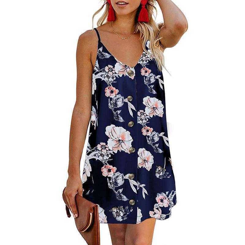 

Summer Women Spaghetti Strap Dress Floral Print Slash Neck Sexy Backless Sleeveless Casual Loose Beach Female Mini 210604, White