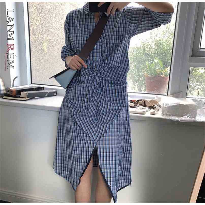 

Women's Blue Striped Pleated Mid-length Dresses Lapel Long Sleeve Loose Fashion Trendy Summer Autumn 2E1307 210526