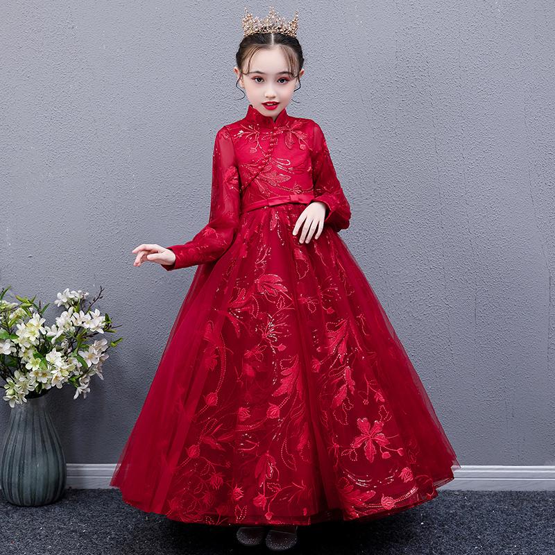 

Girl's Dresses Flower Girl Pearls Sequined Embroidery High Sashes Luxury Red Princess Floor-Length Tulle Lace Full Kids Party Gown H247
