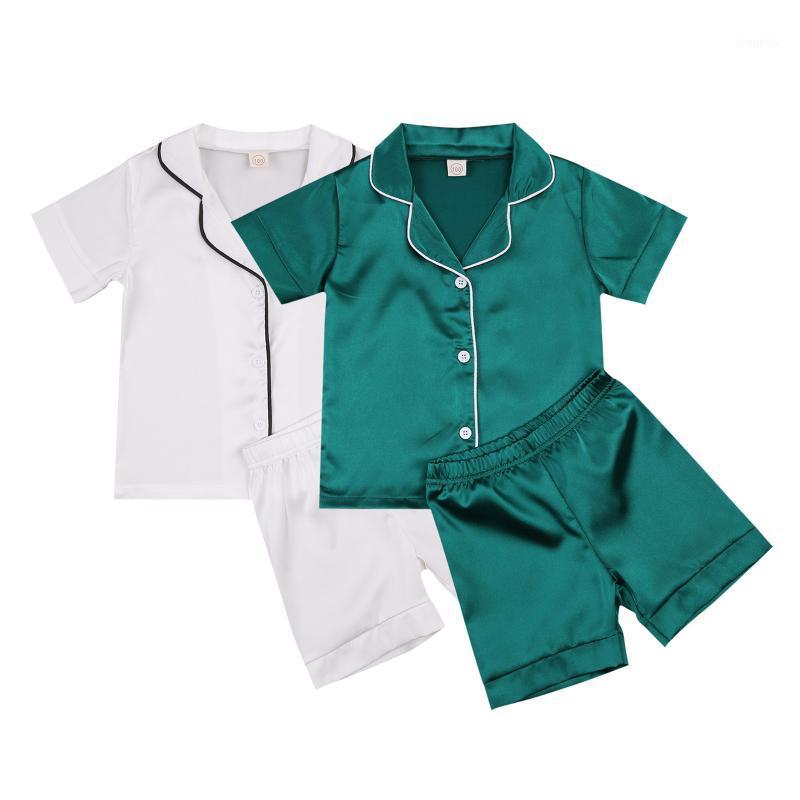 

Children Casual Two-Piece Nightwear Set Solid Color Short Sleeve Turn-Down Collar Tops + Shorts Comfortable And Fashionable Clothing Sets, White