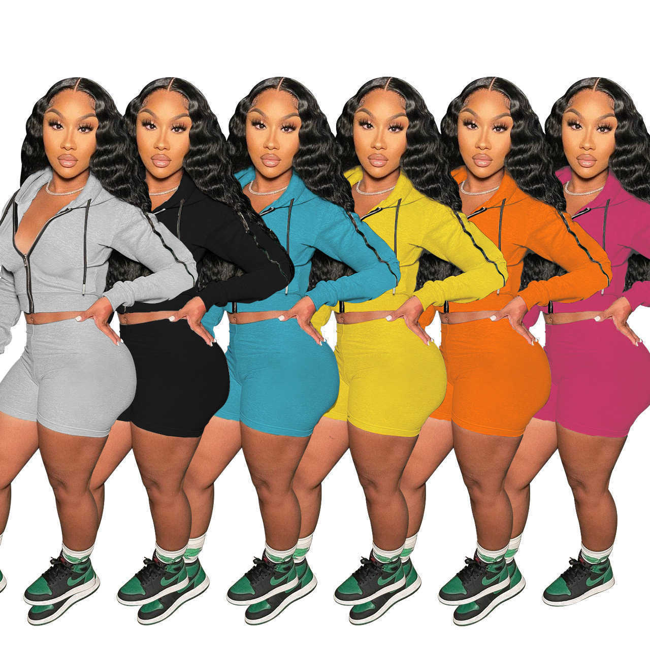 

2021 Autumn Women Two Pieces Pants Outfits Solid Color Zipper Sweater Long Sleeve Hoodie Top Short Pants Jogger Suit Plus Size Sportswear, Gray