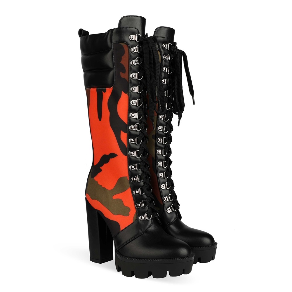 

boots perixir women fashion camouflage print long winter thick heel platform mid-calf knee high female+shoes ob84, Black