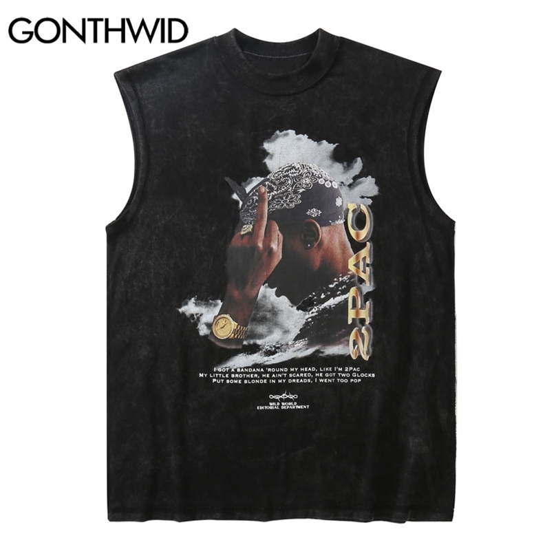 

Sleeveless Vest Punk Rock Gothic Rapper Print Tank Top Streetwear Summer Loose Hipster Casual Training Hip Hop Tshirts 210602, Gray