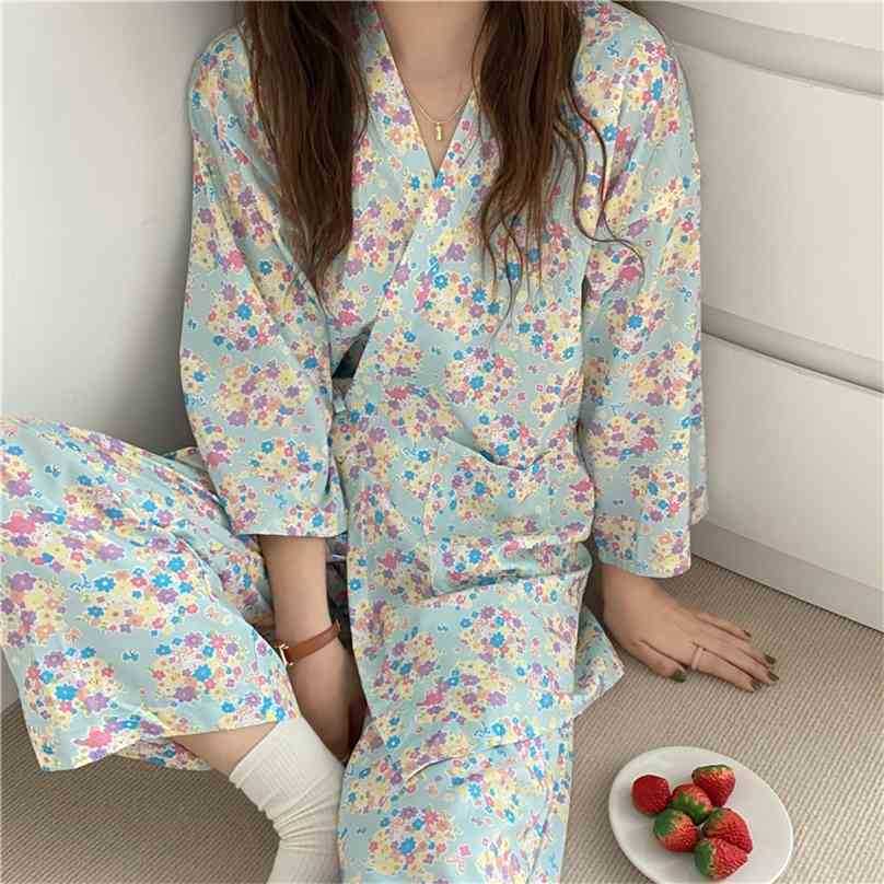 

Chic Mint Printing Casual Florals Cotton Sexy Summer Pajamas Sweet Nightwear Homewear Loose Two Piece Suit Sets 210525, Photo color