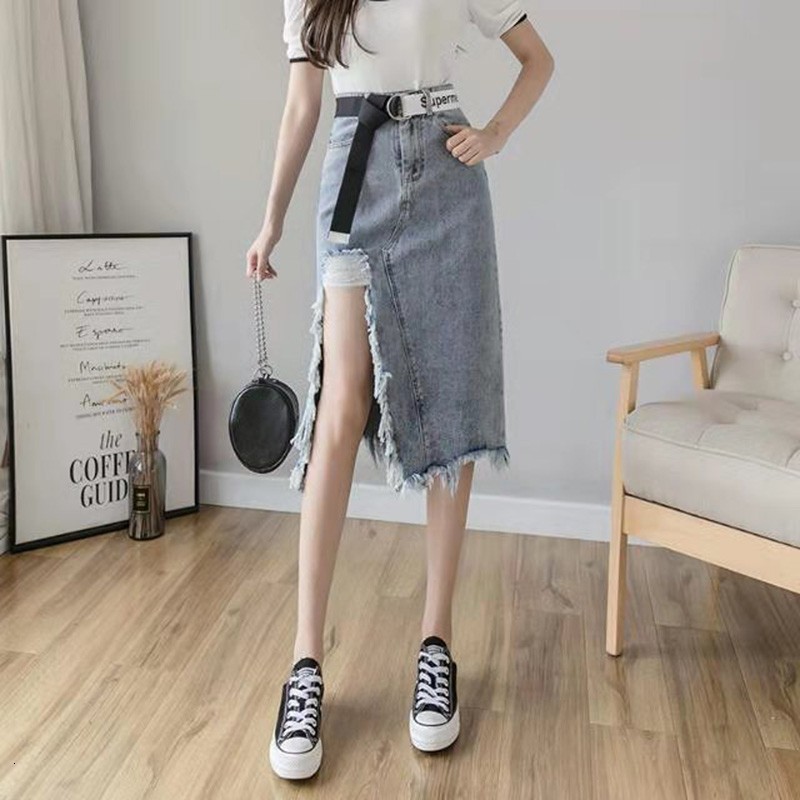 

Casual Dresses 2021 Arrival Summer Korean Style Women Loose High Waist A-line Skirt Tassel Design Cotton Denim Mid-calf Skirts W115 WLQP, Blue