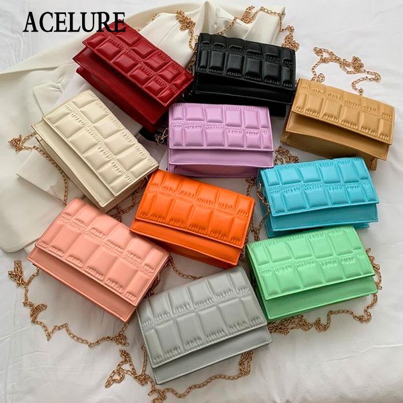 

Evening Bags ACELURE Plaid PU Leather Fashion 2021 Square Shoulder For Women 10 Colors Metal Chain Crossbody Messenger Purse Flap, Black