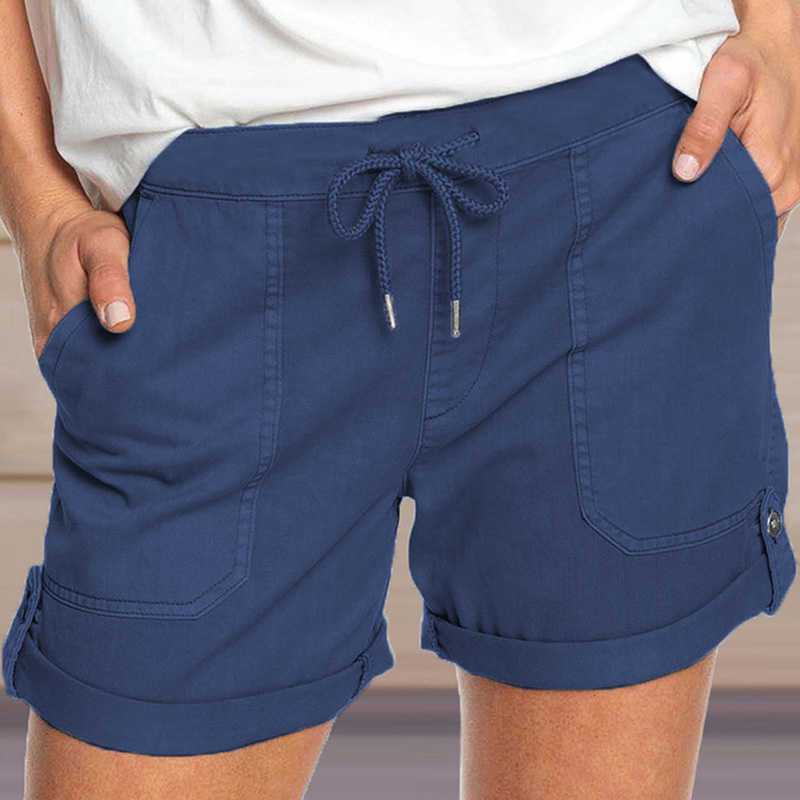 

Solid Color Straight Pocket Casual Short Pant Summer Mid Waist Lace-up Loose Plus Size Mini Shorts 210604, Black