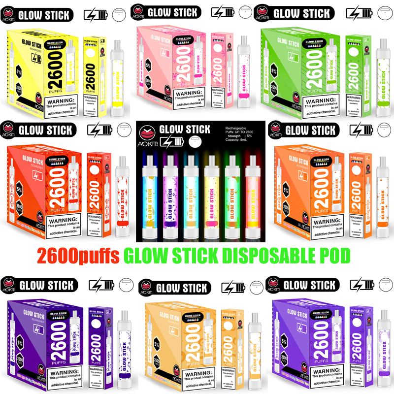 

Original Aokit Glow Stick Disposable E-cigarettes Pod Device Kit RGB Light Glowing 2600 Puffs Rechargeable Battery 8ml Prefilled Vape Bar Plus 100% Authentic
