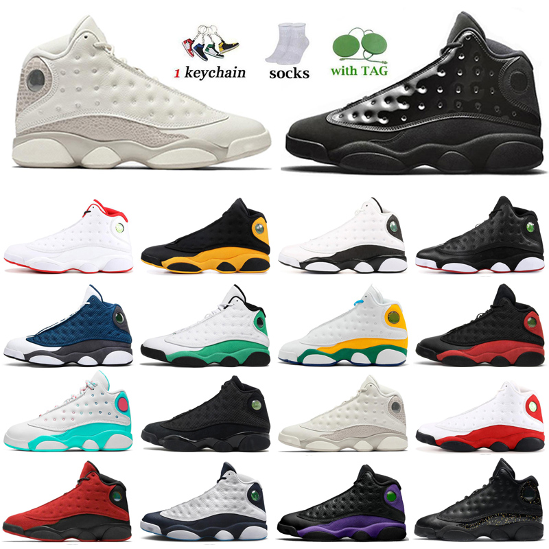 

13 men basketball shoes 13s Court Purple Gold Glitter mens sneakers Lucky Green Black Cat women sports trainers with tag keychain socks, Cap and gown