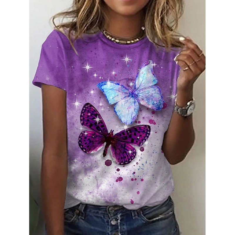 

Purple Butterfly Print Women is Fashion Words 3D Printing Short Slim T-shirt Summer Casual Round Neck Short Top Short Sleeve T-shirt, White