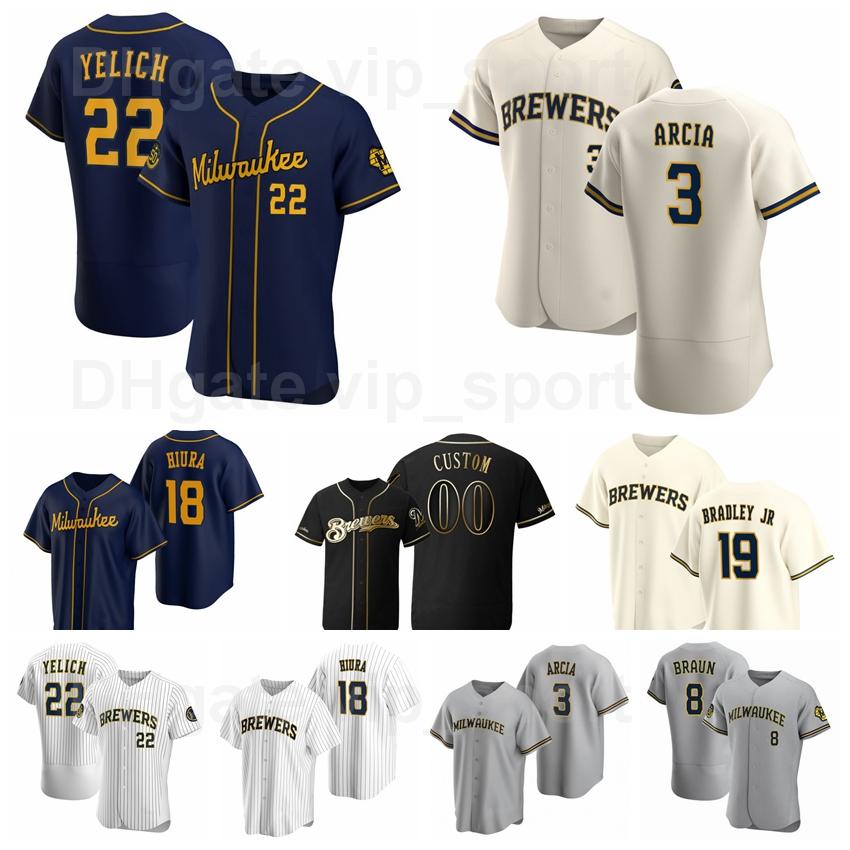 

18 Keston Hiura Jersey Baseball 3 Orlando Arcia 8 Ryan Braun 19 Jackie Bradley Jr 22 Christian Yelich Pinstripe Flexbase Custom Name Number, Blue;black