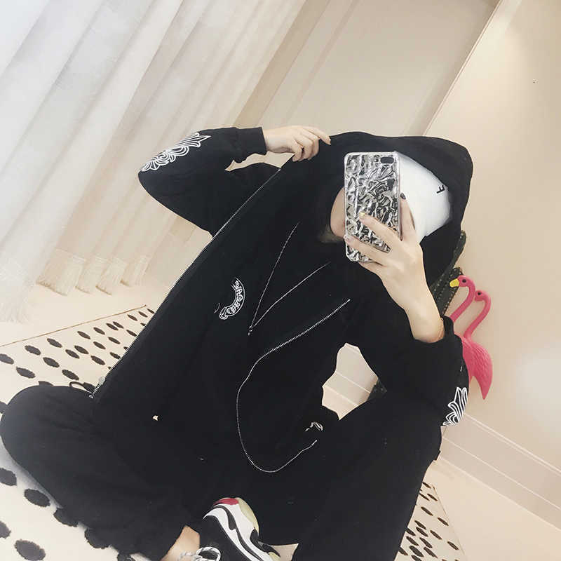 

and Chrome autumn winter horseshoe heart flower arm zipper cardigan coat men's and women's hoodies MZCT, Black