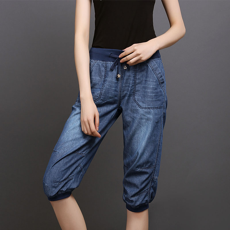 

2011plus size black denim jeans womens summer harem pants light washed loose cotton casual calf-length blue trousers women 3xl 4xl