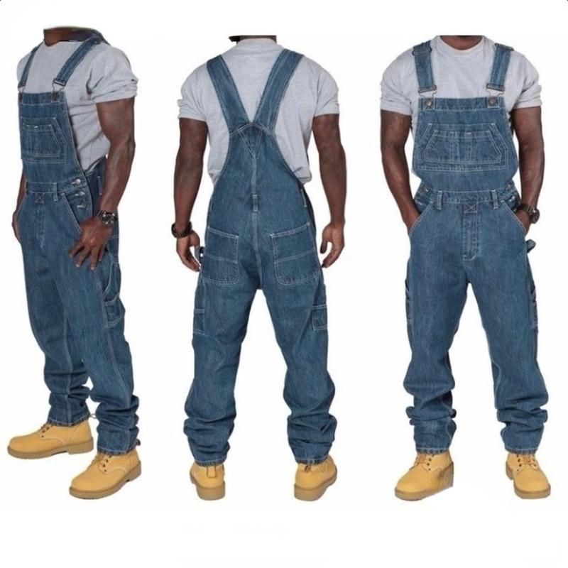 

Mens Denim Suspender Pants Full Length Denim Jumpsuit Hip Hop Style Straight Overalls Streetwear, Blue
