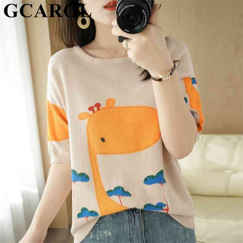 

GCAROL Women 100% Cotton Cartoon T-shirt Retro Jacquard Short Base Tees Loose Cute Top 2XL Pullover 210708, Njr-n11-apricot