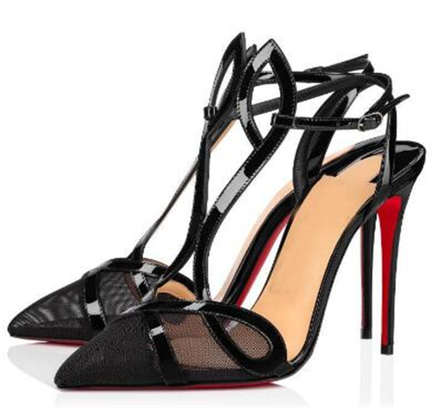 

Sexy Women Pumps Pointed Toe Red Bottom Women's Shoes Double L Pump Ankle Strap High Heels Mesh Leather Stiletto Heel With Box,EU43
