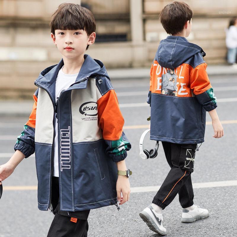 

Jackets Spring Autumn Jacket For 4-14T Boys 2021 Fashion Hooded Letters Patchwork Children's Outerwear Teenager Clothes Trench Coat, Blue;gray