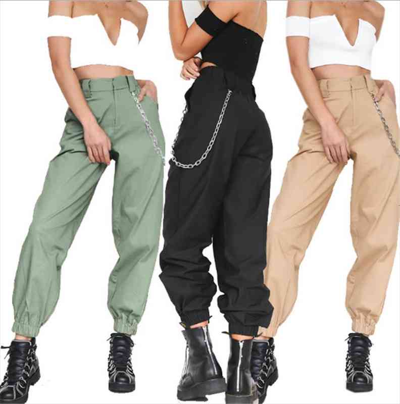 

spring vintage chain black cargo pants women high waist pants joggers baggy trousers women streetwear, Black;white