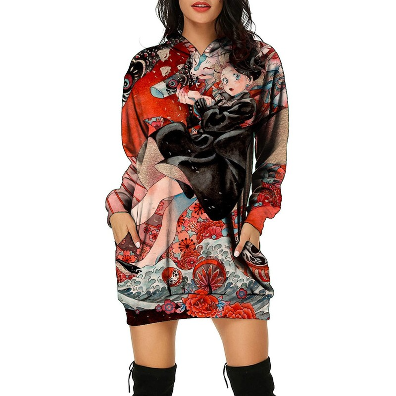 

Anime pattern hooded long-sleeved women's long sweater loose, comfortable and soft, Black