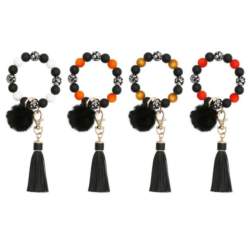 

Keychains Black Red Silicone Skull Beaded Pon Pom Halloween Keychain Bracelet For Women Fashion Boutique Quality Leather Tassel Key Chain