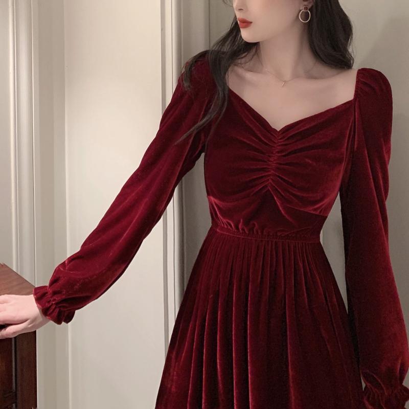 

Casual Dresses 2021 Women Dress French Soild Color Long Velvet Silm Spring Autumn Fashion Female Sleeve Retro Elegant, Black