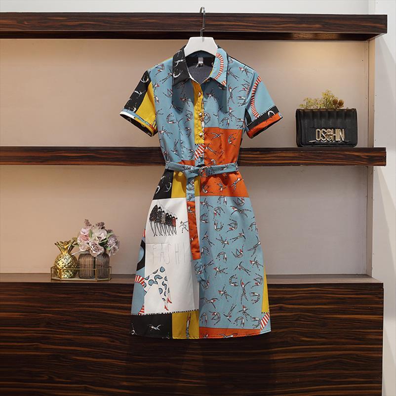 

Patchwork Cartoon Printed Slim Shirt Women Dresses Summer Casual Loose Vestidos, Black;gray