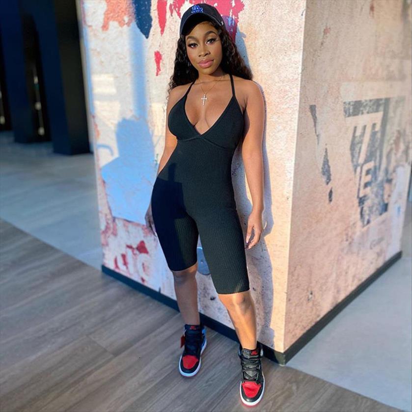 

backless fashion high women jumpsuits street casual ribbed knitted playsuit slim solid fitness sport, Black;white