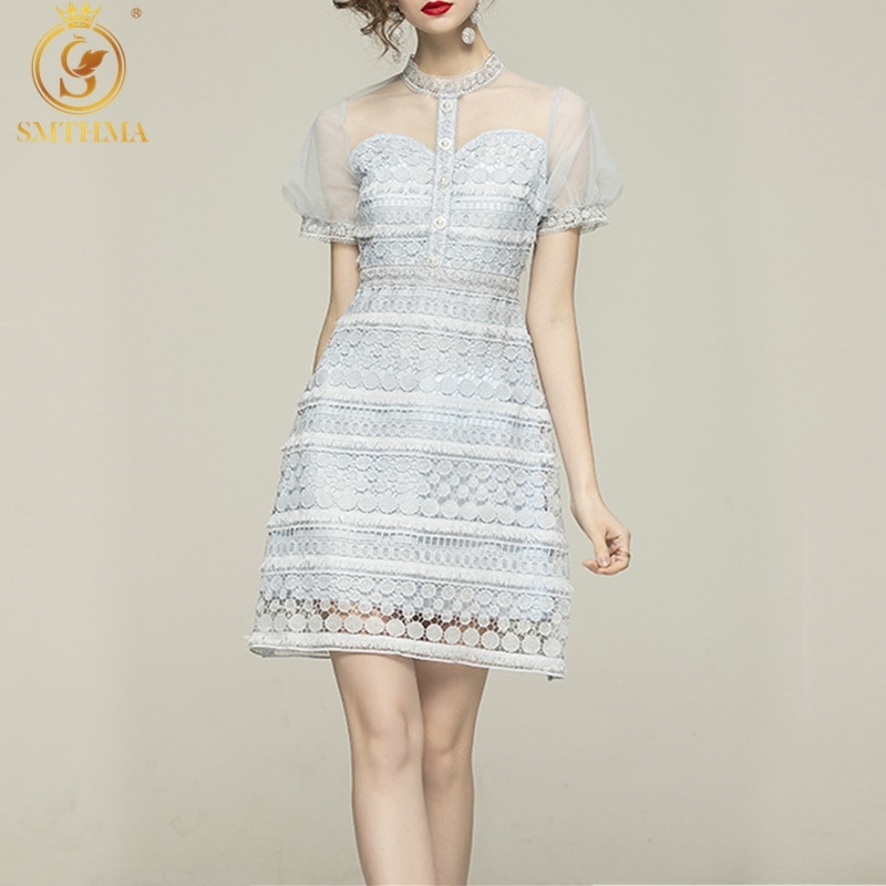 

Summer Fashion Runway Blue Lace Dresses Women' Mesh Patchwork Puff Sleeve Elegant Party Vestidos 210520, Photo color