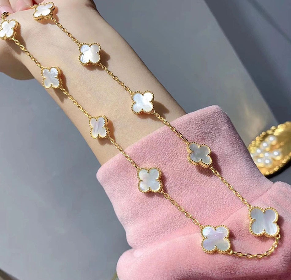 

45CM-Fashion Classic Agate Four Leaf Clover Necklace Long 10 Flowers Pendant Mother-of-Pearl for Women&Girls Valentine's Mother's Day Engagement Jewelry Gift iIYP