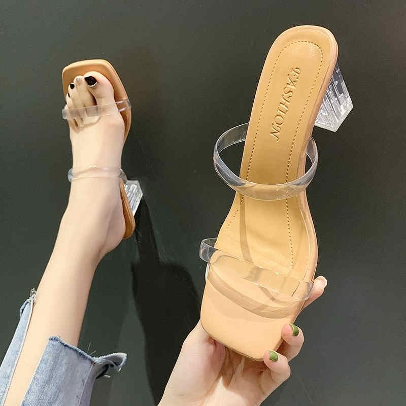 

Slippers Transparent Pvc Sandals Ladies Square Toe Sexy High Heels Summer Shoes Open, Silver