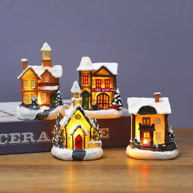 

Christmas Decorations Resin House LED Lights Xmas Scene Village Miniature Decoration Ornament Year 2022 Noel Gifts