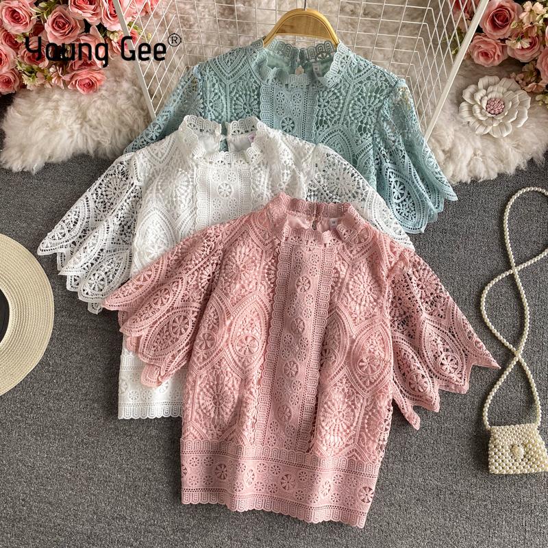 

Women's Blouses & Shirts Young Gee Summer Sweet Crochet Lace Women Fashion O-neck Ladies Tops Vintage Floral Basic Hollow Out Blusas Mujer, White