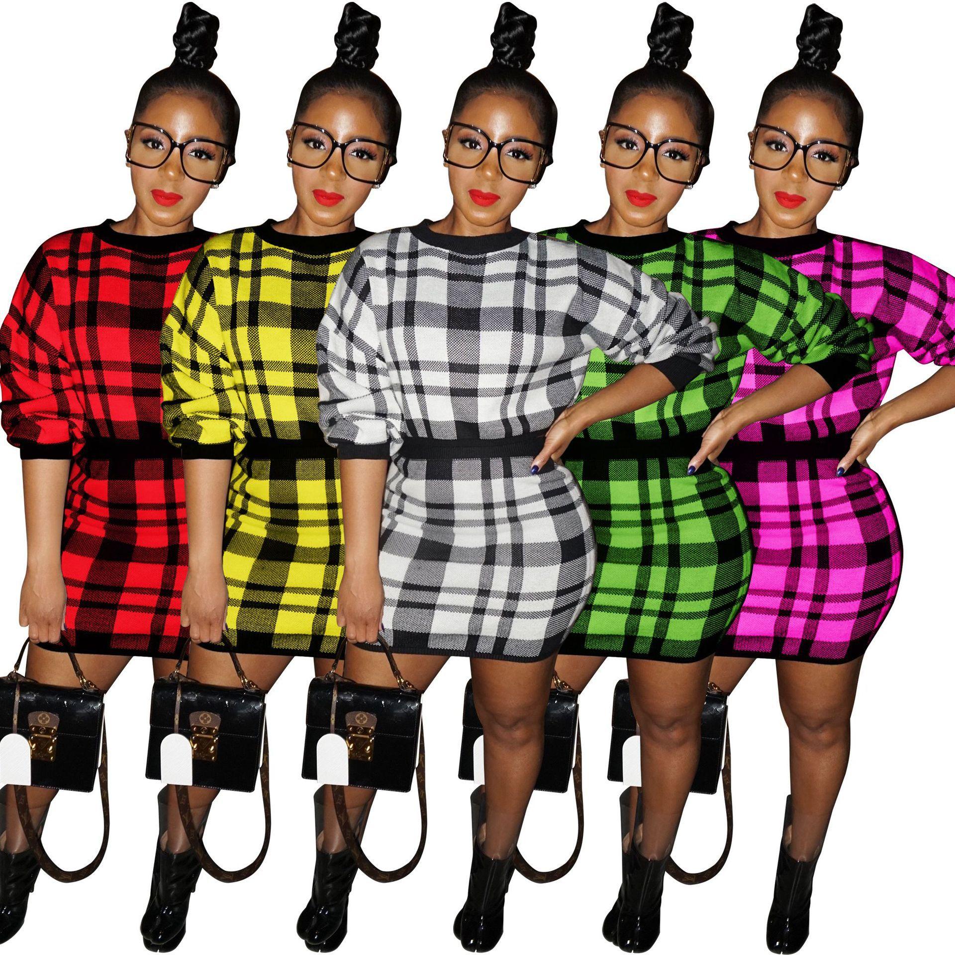 

2020 Women Dress Two Pieces Set Streetwear Suits Clothes Plaid Thick Sweater Bodycon Ladies Mini Skirt Outfit New Fashion Plus Size Clothing, White
