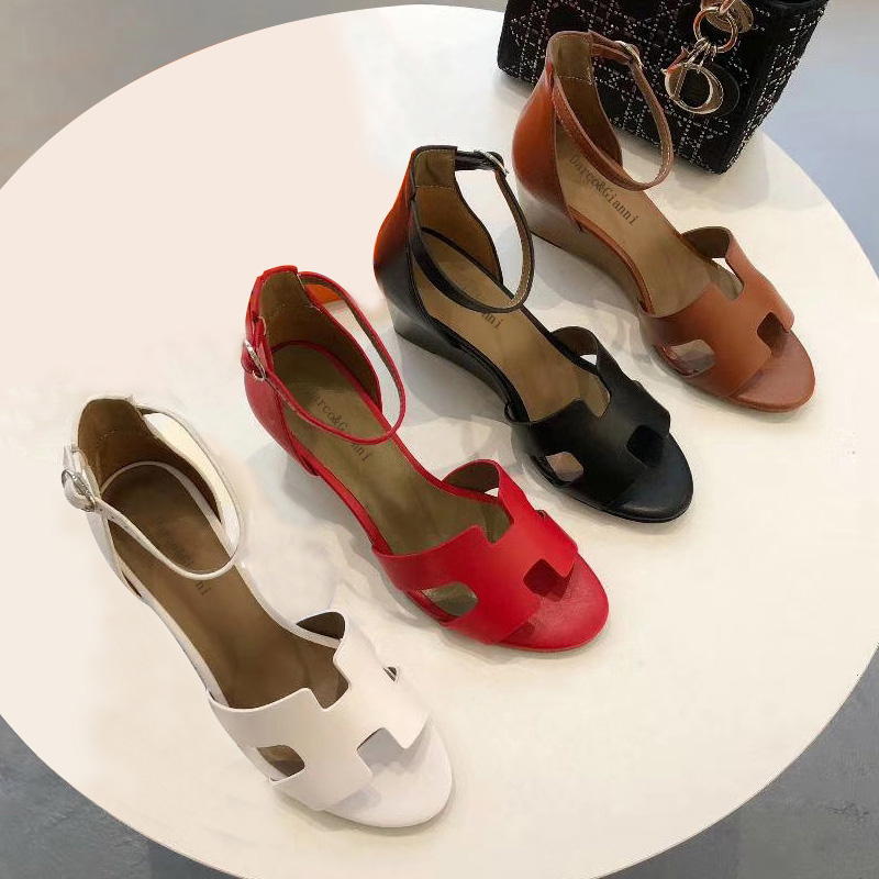 

Sandals Women High Heel Shoes Genuine Leather Wedges Heels Ankle Strap Brown Fashion White Ladies Sandal Summer 2021, Black