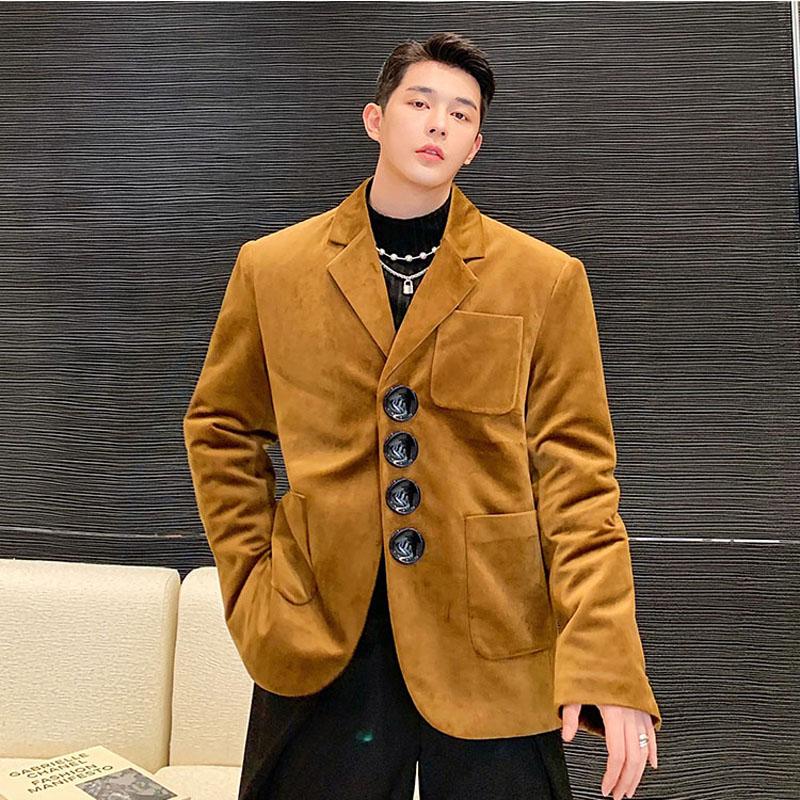 

Men's Suits & Blazers 2021 Autumn Blazer Men Big Button Vintage Casual Velvet Suede Suit Dress Jacket Male Korean Streetwear Coat Couple, W0337 brown
