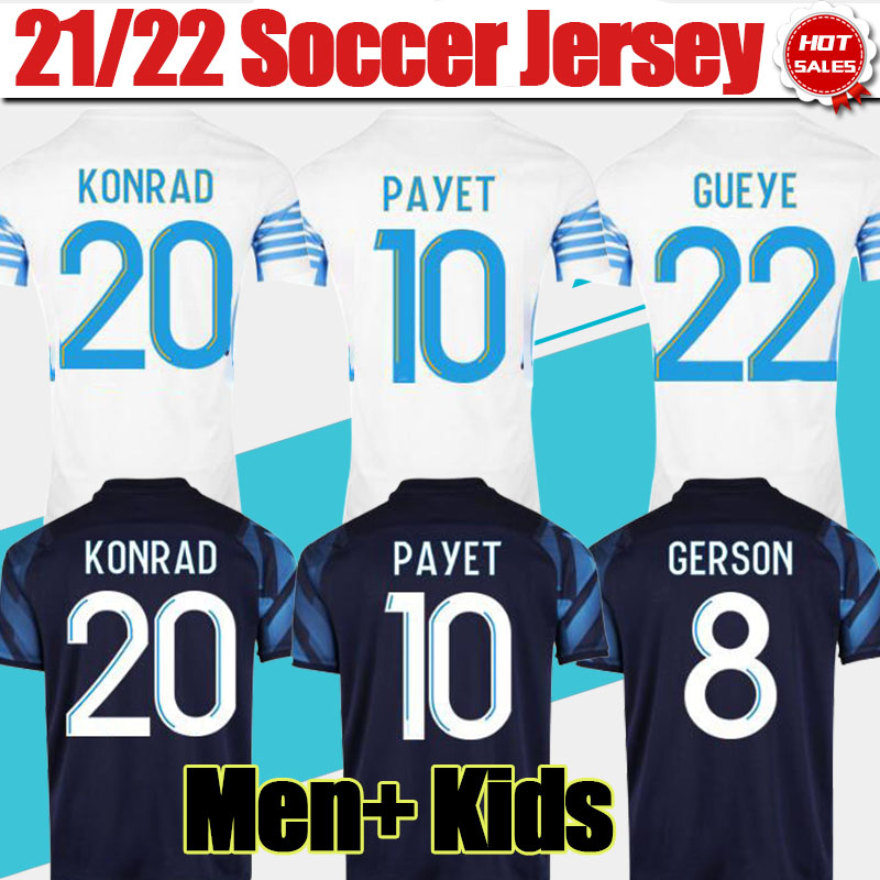 

#10 PAYET Soccer Jersey 2021 2022 Home White #20 KONRAD #22 GUEYE #6 GUENDOUZI Soccer Shirt 21/22 Away Blue Adult Men Kids Customized Football Shirt, Away no patch