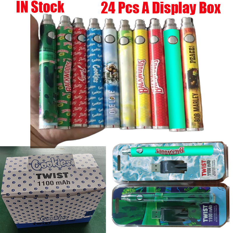 

Backwoods Cookies Runtz Cartoon Battery Blister Kit Bottom Twist 1100mAh Variable Voltage USB Charger Vape Pen 24 Pcs A Display Box For 510 Thick Oil Cartridge Carts