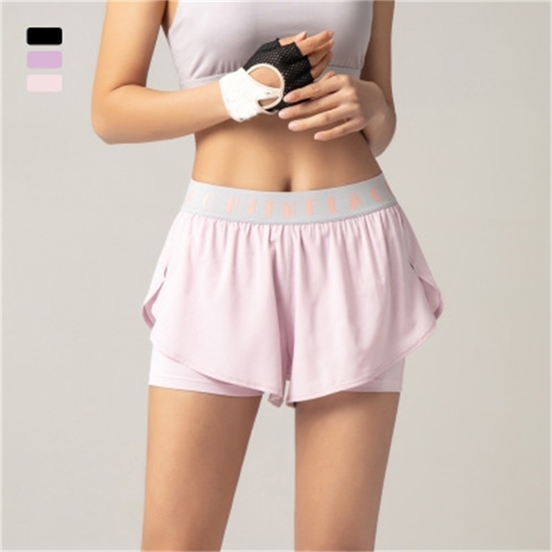 

Summer Fake Two Piece Shorts Women High Waist Running Letters Print Gym Workout Quick Dry Breathable 210604, Black