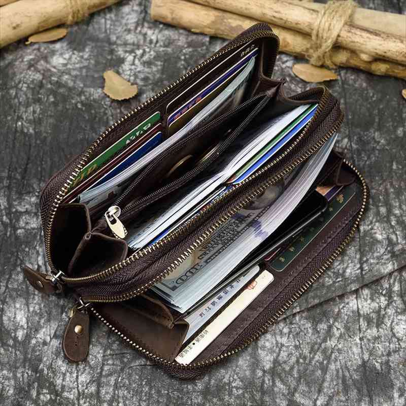 

men double zipper crazy horse leather long wallet 24 card holder big zip around genuine clutch purse phone coin pocket, Red;black