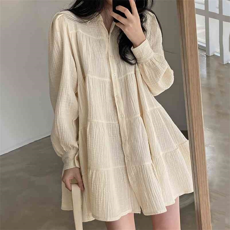 

spring simple temperament lapel folds feeling loose single-breasted puff sleeve short doll dress 210525, Apricot