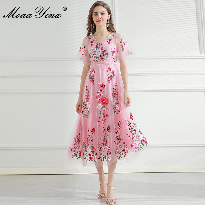 

Fashion Designer dress Summer Women' Dress Short sleeve Mesh Flowers Embroidery Dresses 210524, Pink