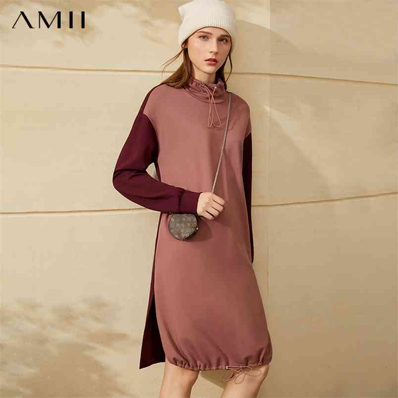 

Minimalism Autumn Winter Fashion Sweatershirt Dress Causal Stand Collar Patchwork Hoodie Women For 12040387 210527, Pink