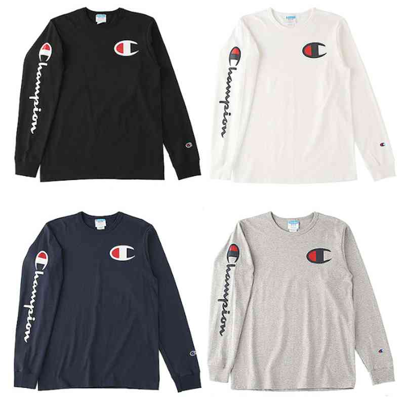 

cotton Champion Crew chest big life C arm print Neck Long Sleeve T-Shirt, Black
