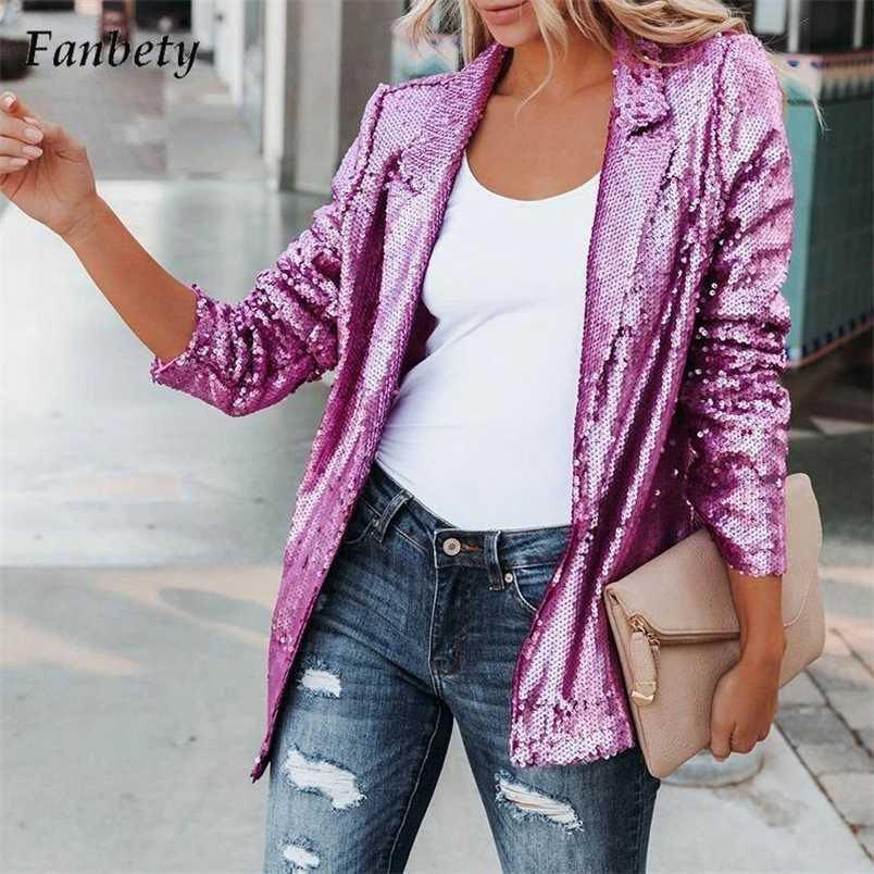 

Women Elegant Glitter Sequin Shiny Jacket Autumn Winter Fashion Turn-down Collar Tops Office Lady Casual Long Sleeve Cardigan 220122, 01 black