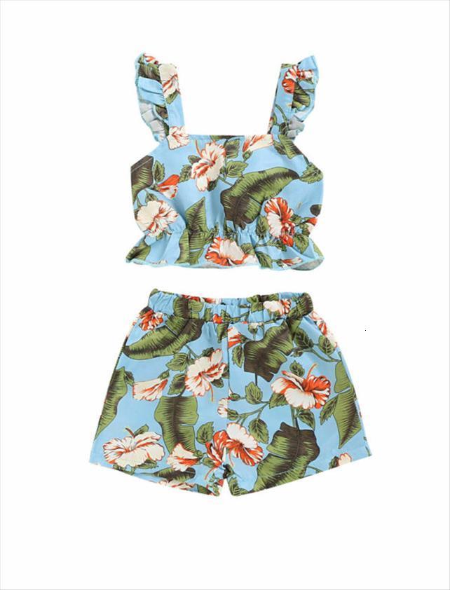 

hawaii baby girl child summer flower suit clothes ruffled shorts 2pcs, White