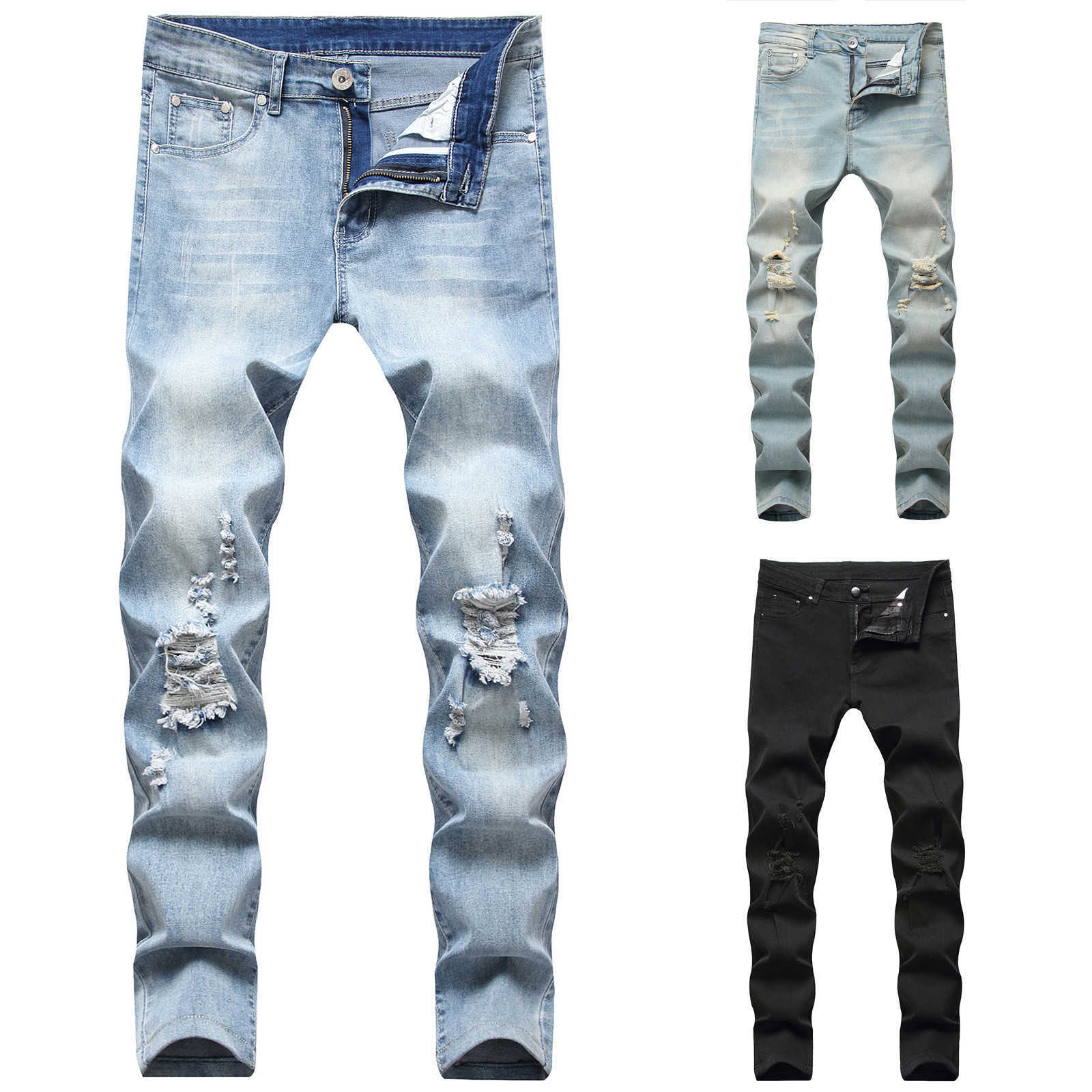 

Adisputent Men's Sweatpants Sexy Hole Jeans Pants Casual Summer Autumn Male Ripped Skinny Trousers Slim Biker Outdoor Pants X0621, Bu